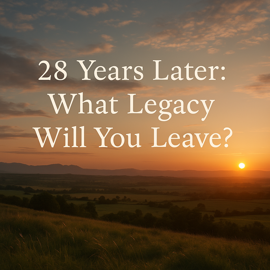 Sunset over a quiet valley with text overlay: 28 Years Later – What Legacy Will You Leave?