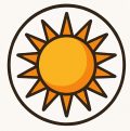 A stylized sun with 16 orange rays and a bright yellow center enclosed in a dark circle, symbolizing warmth, clarity, and creative energy.